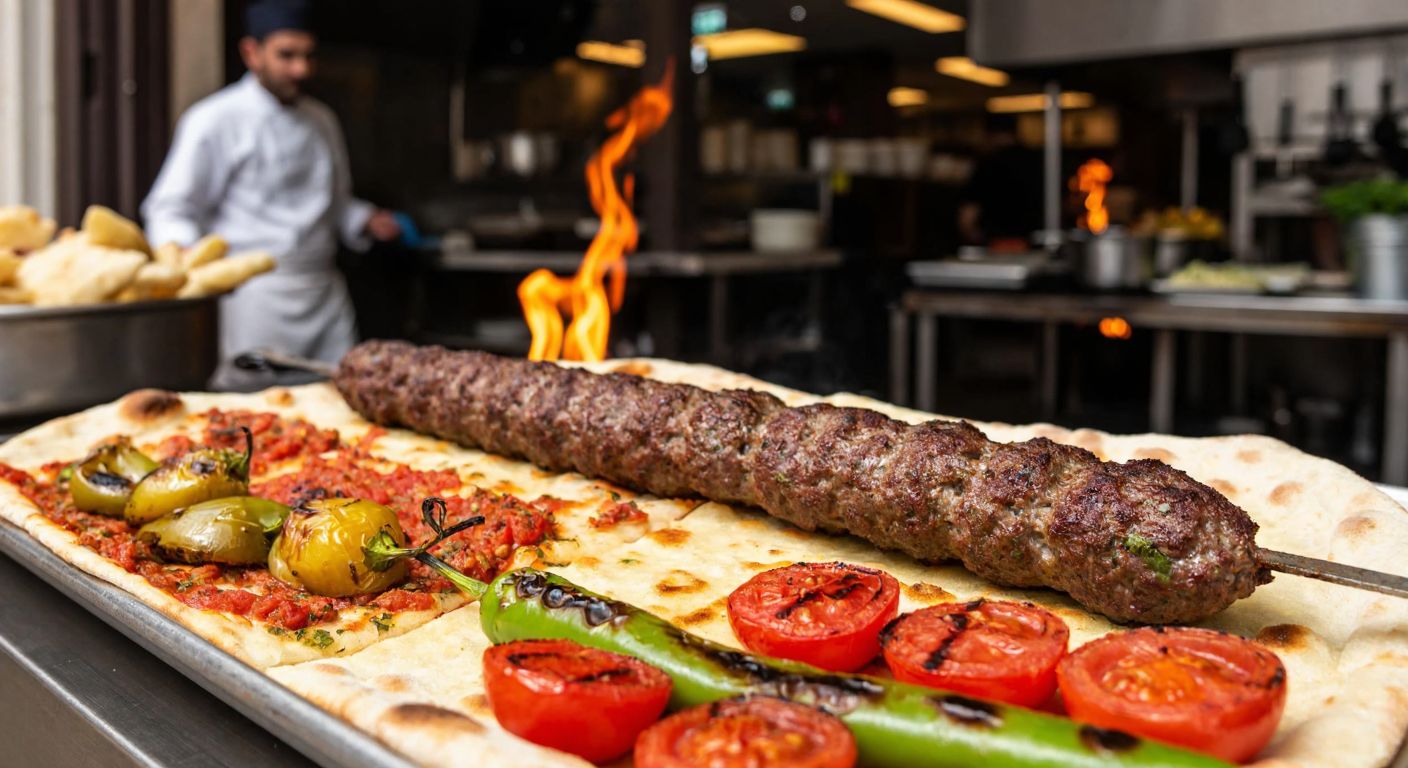 A sizzling Adana kebab on a skewer, resting atop warm flatbread, surrounded by grilled tomatoes and peppers, with a bustling Adana eatery in the background and a chef in a white apron tending to the flames.