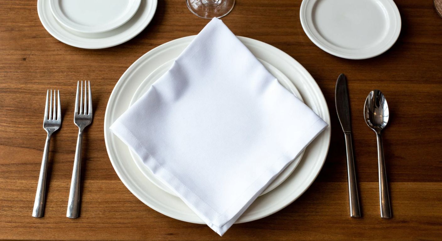 A neatly folded white cloth napkin lies centered on a wooden dining table in a Turkish home, with its edges symmetrically draped over the sides, surrounded by polished silverware and a ceramic plate.
