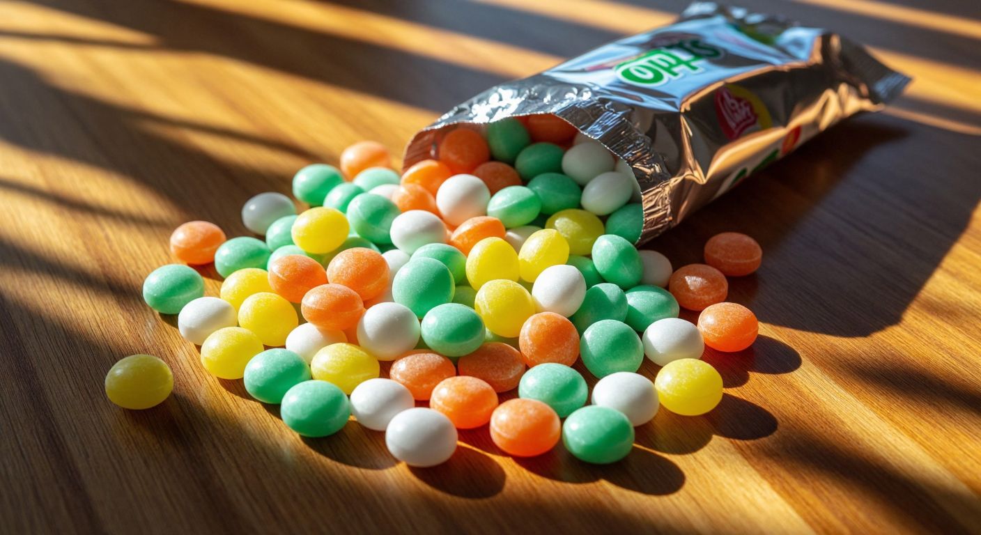 A colorful array of Olips candies—lemon-orange, minty green, and sugar-free white—spilled from a shiny wrapper on a sunlit wooden table in Turkey, evoking freshness and sweet indulgence.