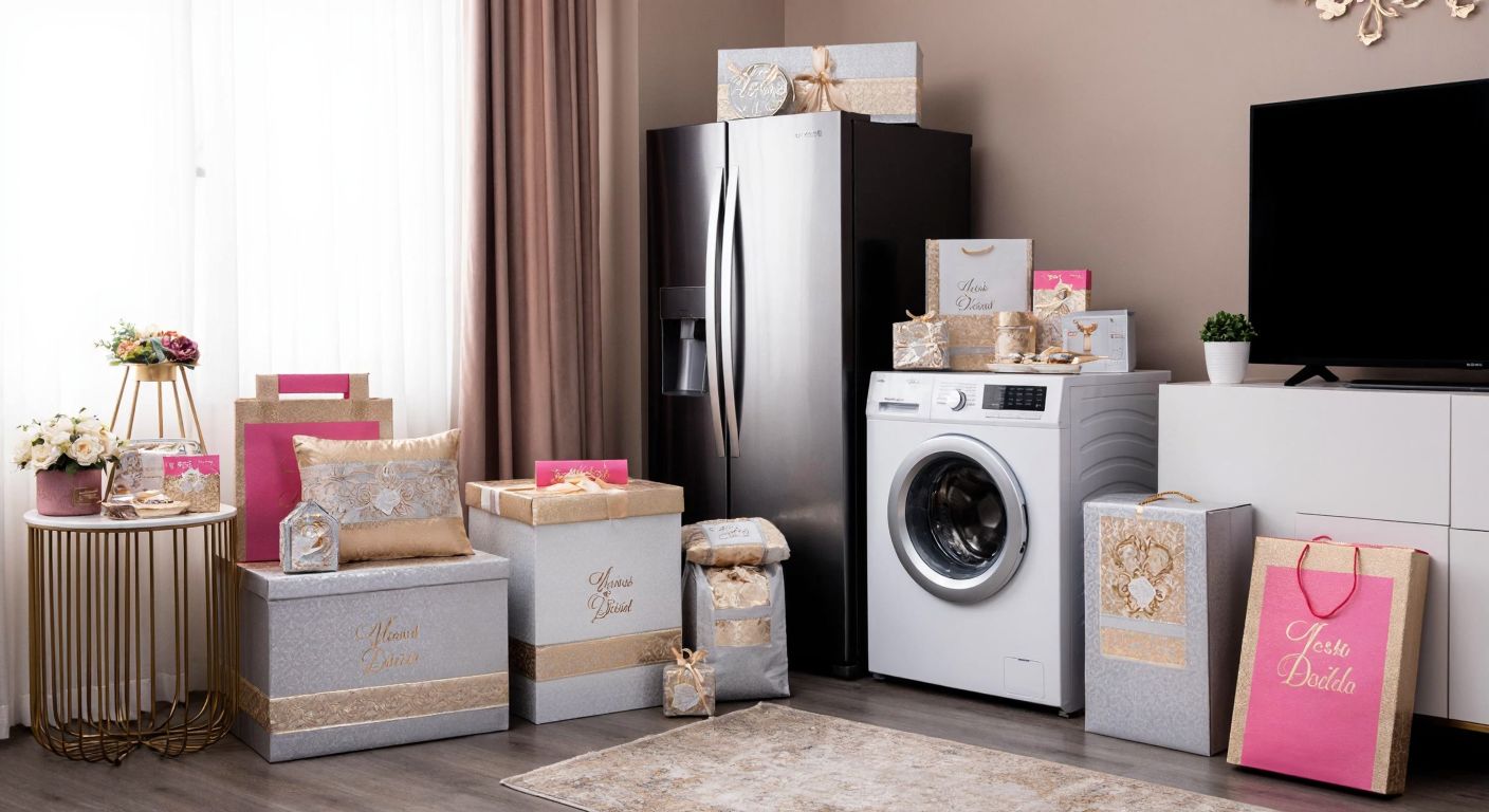 A neatly arranged Turkish bridal dowry set in a cozy home, featuring a modern refrigerator, washing machine, dishwasher, and TV, wrapped in elegant packaging with a warm, celebratory atmosphere.