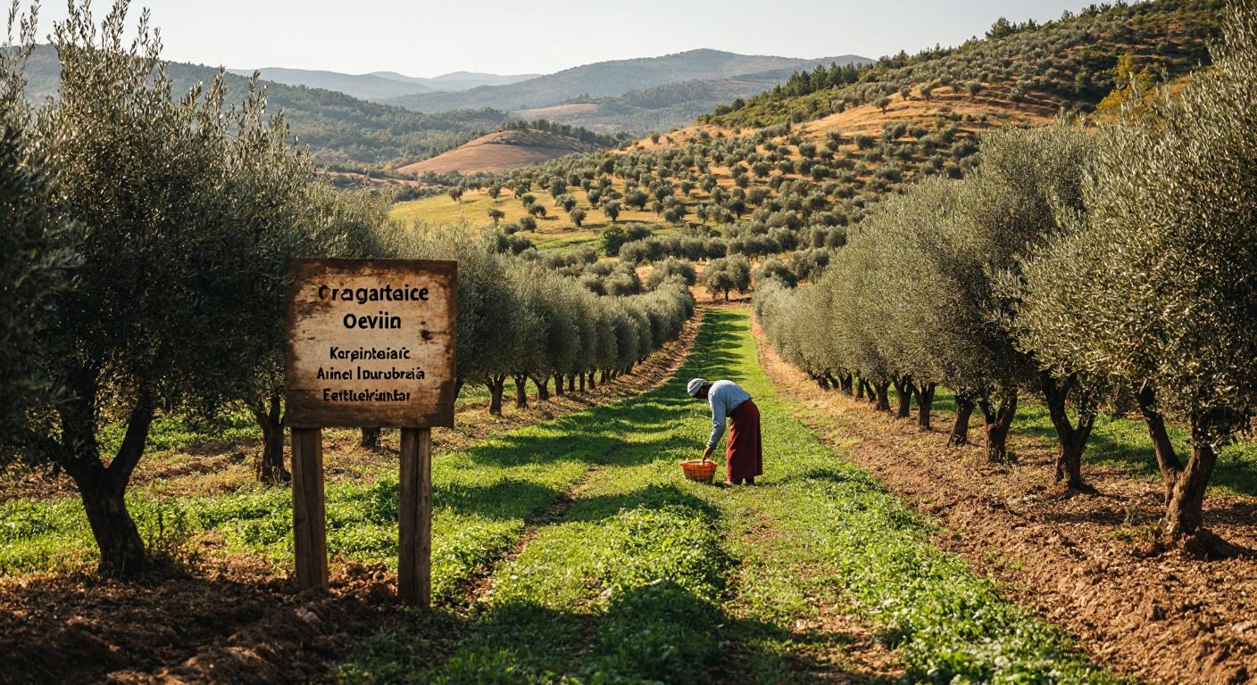 A sunlit organic olive farm in Manisa’s rural Köprübaşı district, with rows of olive trees stretching toward rolling hills, a weathered wooden sign at the entrance, and a farmer in traditional Turkish clothing tending to the harvest.
