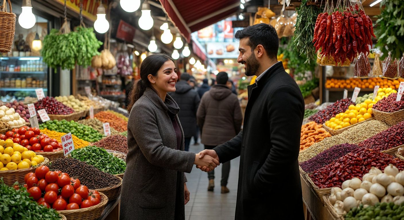 A bustling Turkish marketplace with vendors arranging fresh produce and spices, while a smiling entrepreneur shakes hands with a franchise consultant near a vibrant restaurant display.