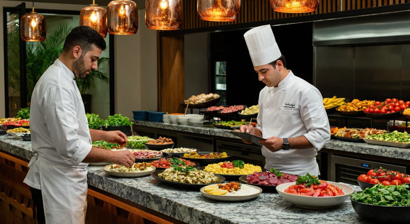 A Turkish chef in a crisp white uniform carefully arranges colorful mezze platters on a marble counter, while a serious head chef in a tall toque oversees the kitchen's cold section with a clipboard in hand.