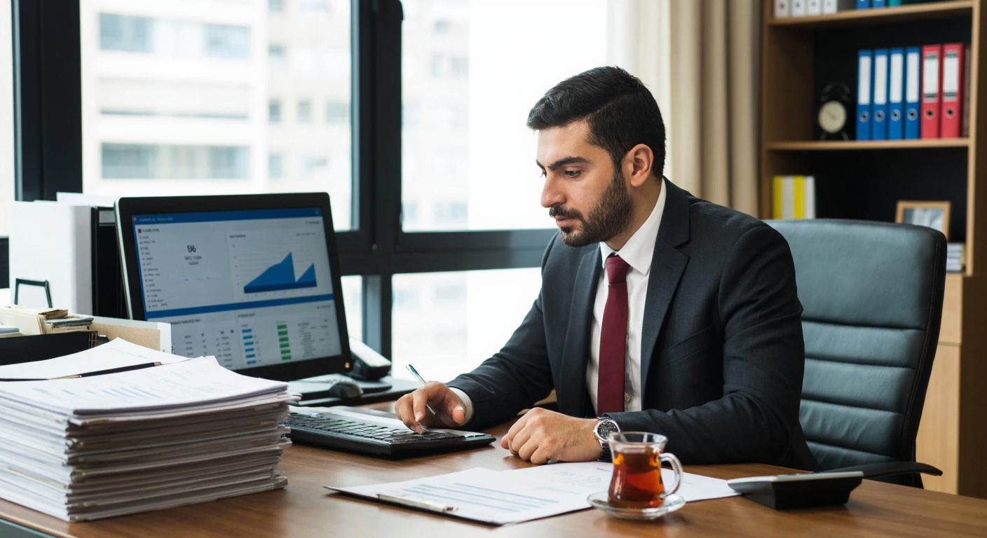 A focused Turkish civil servant in a modern office reviews financial documents on a desk with a computer displaying budget charts, surrounded by neatly stacked folders and a steaming cup of Turkish tea.