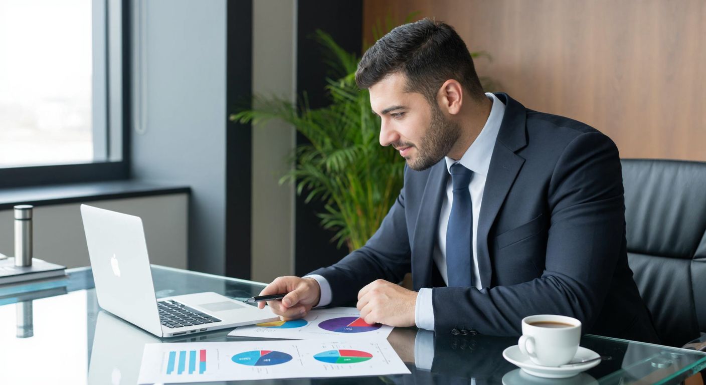 A well-dressed Turkish sales manager in a modern office, confidently reviewing colorful charts and graphs spread across a glass desk, with a laptop open and a steaming cup of Turkish coffee beside him.