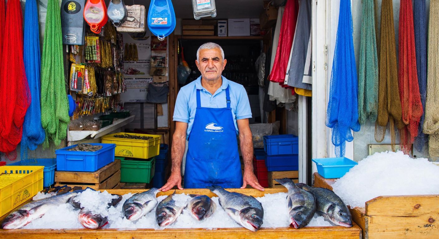 A weathered Turkish fisherman in a blue apron stands proudly behind a wooden counter in a small Istanbul shop, surrounded by colorful fishing rods, nets, and tackle boxes, with fresh-caught sea bass displayed on crushed ice.