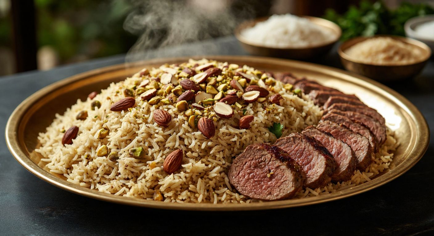 A steaming golden plate of aromatic rice pilaf, generously topped with toasted almonds and pistachios, nestled beside tender slices of spiced lamb, evoking the rich flavors of Turkish cuisine.