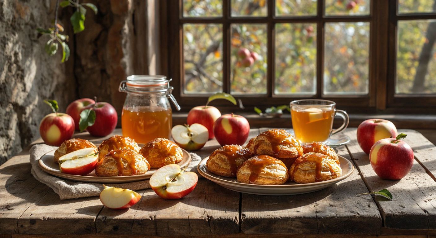 A rustic wooden table in a sunlit Turkish kitchen, topped with freshly baked apple pastries, a jar of golden apple jam, a plate of caramel-drizzled apple slices, and a steaming cup of apple tea, surrounded by scattered mountain apples with their vibrant red-green skins.
