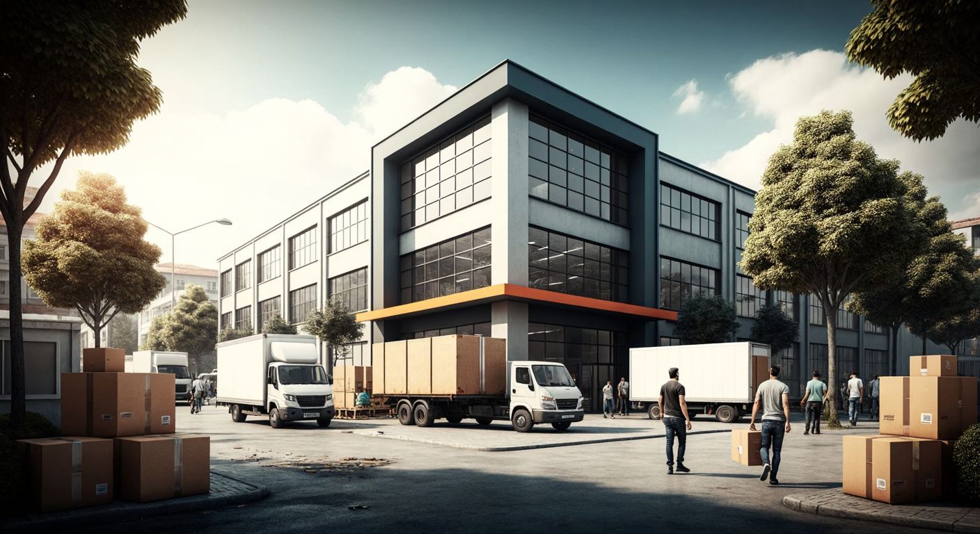 A bustling industrial street in Istanbul's Bağcılar district, with a modern factory building featuring large windows and a signless entrance, surrounded by delivery trucks and workers in casual attire carrying cardboard boxes.