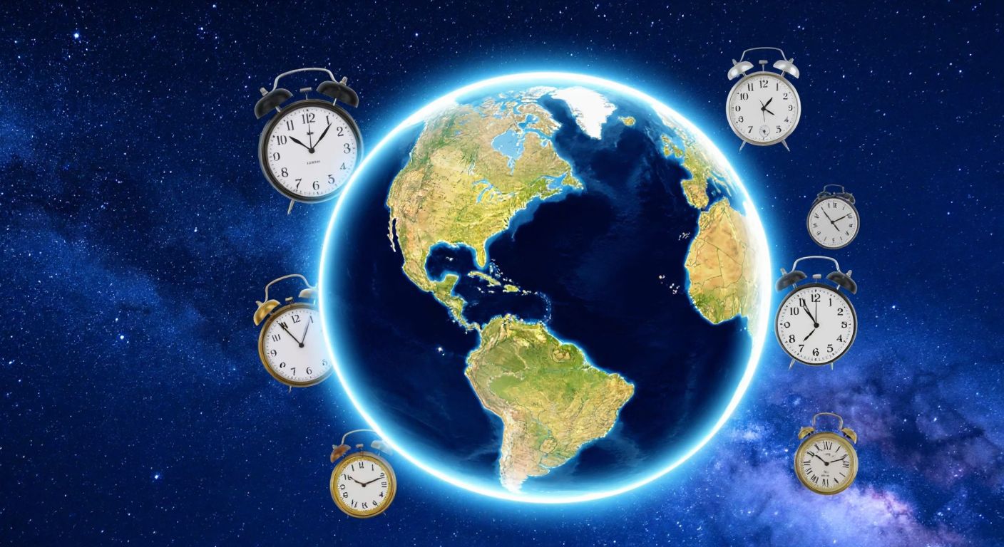 A glowing globe with highlighted time zones, surrounded by floating clocks of various styles, against a starry night sky.