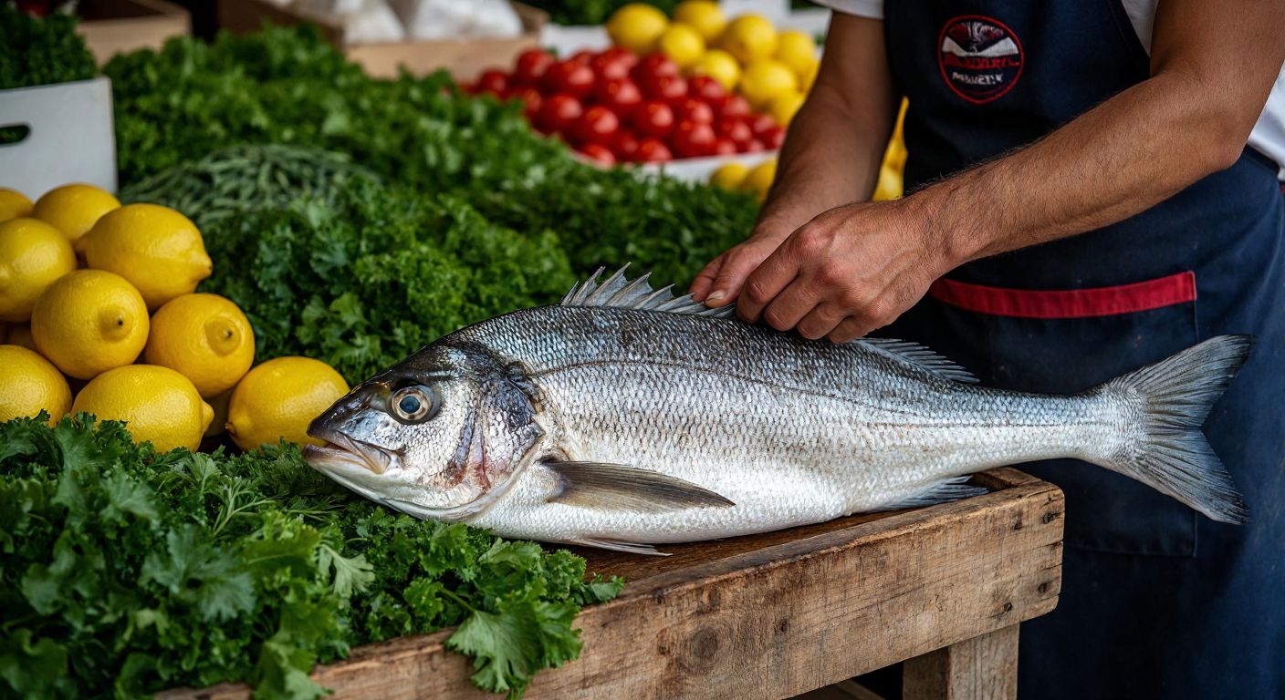 A fresh sea bass with bright eyes, moist shiny scales, and vivid red gills lies on a wooden market stall in Turkey, surrounded by vibrant greens and lemons, as a vendor in an apron holds it up by the head to show its stiff tail.