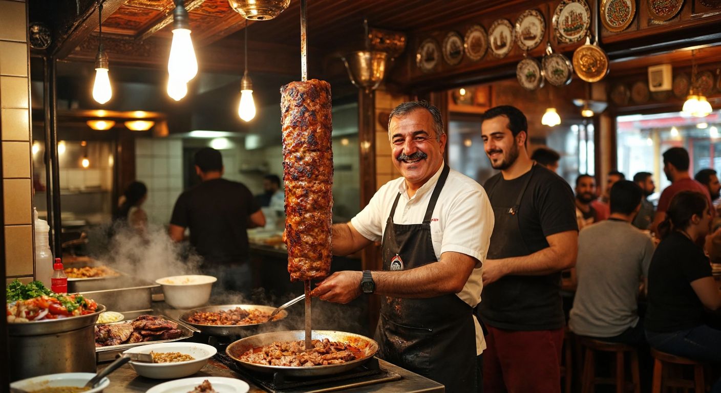 A bustling Turkish lokanta with a smiling, middle-aged man in an apron proudly serving sizzling döner from a vertical spit, surrounded by eager customers and the warm glow of traditional decor.