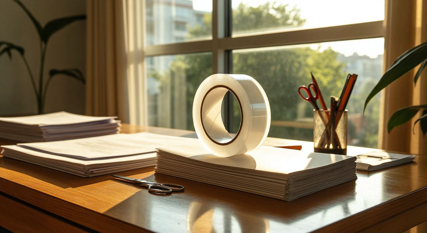 A clear, glossy office tape roll rests on a wooden desk next to neatly stacked documents, a half-wrapped package, and a pair of scissors, with warm sunlight streaming through a window in a tidy Turkish office.