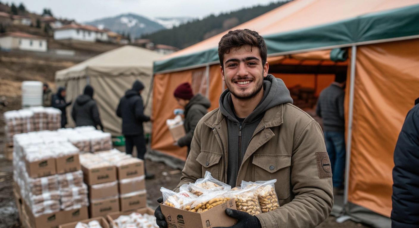 A young Turkish man with a warm expression stands in front of a disaster relief tent, handing out food packages to grateful earthquake survivors, with a backdrop of stacked aid supplies and volunteers working in the background.