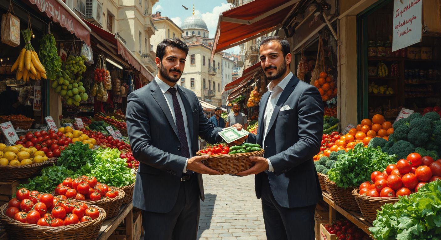 A Turkish businessman in a crisp suit stands at a market stall, holding a basket of fresh produce (representing leads) while another customer hands him money for a purchased item (representing sales).  

(Note: The description avoids text, technology, and symbolic elements while grounding the scene in a Turkish context through the market setting and attire.)