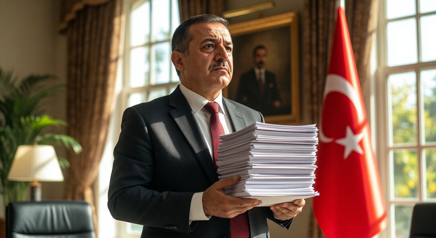 A middle-aged Turkish businessman in a suit sighs with relief while holding a neatly organized stack of papers labeled "Vergi Planı," standing in a sunlit government office with a Turkish flag in the background.