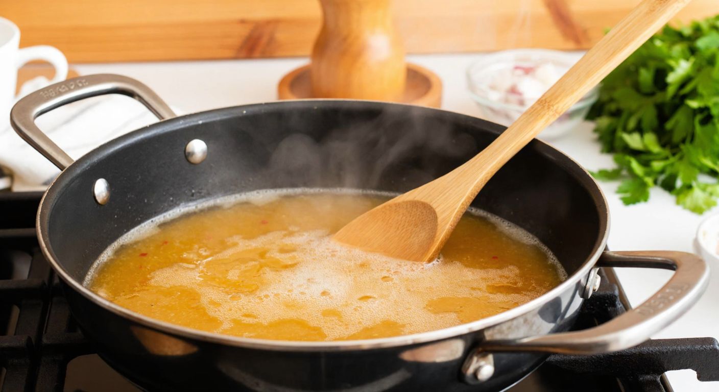 A steaming pot of golden-brown roux (meyane) bubbling on a stove, with a wooden spoon stirring it slowly, surrounded by fresh herbs and a rustic Turkish kitchen backdrop.