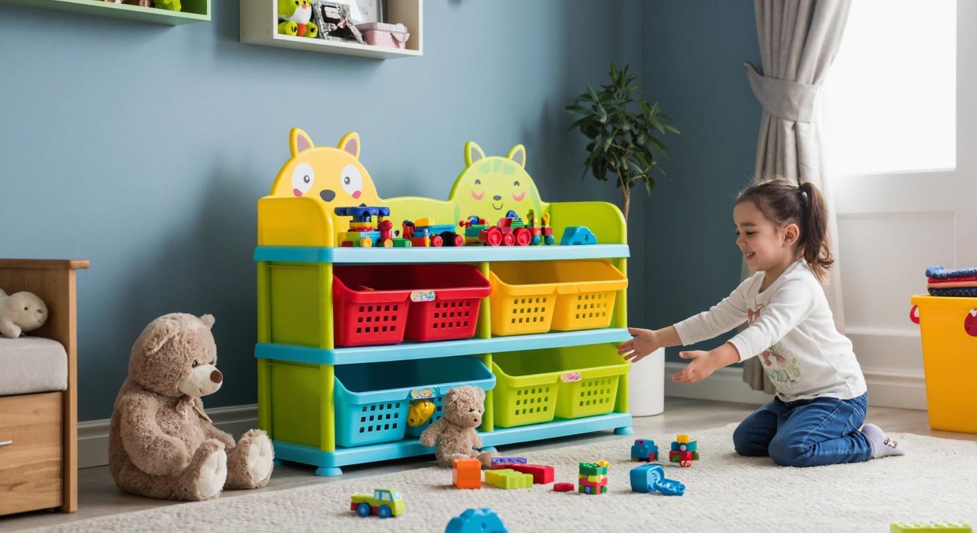A bright, cheerful children's room in Turkey features a colorful, animal-shaped plastic toy storage unit with rounded edges, low shelves, and open baskets, surrounded by scattered toys and a smiling child reaching for a stuffed bear.