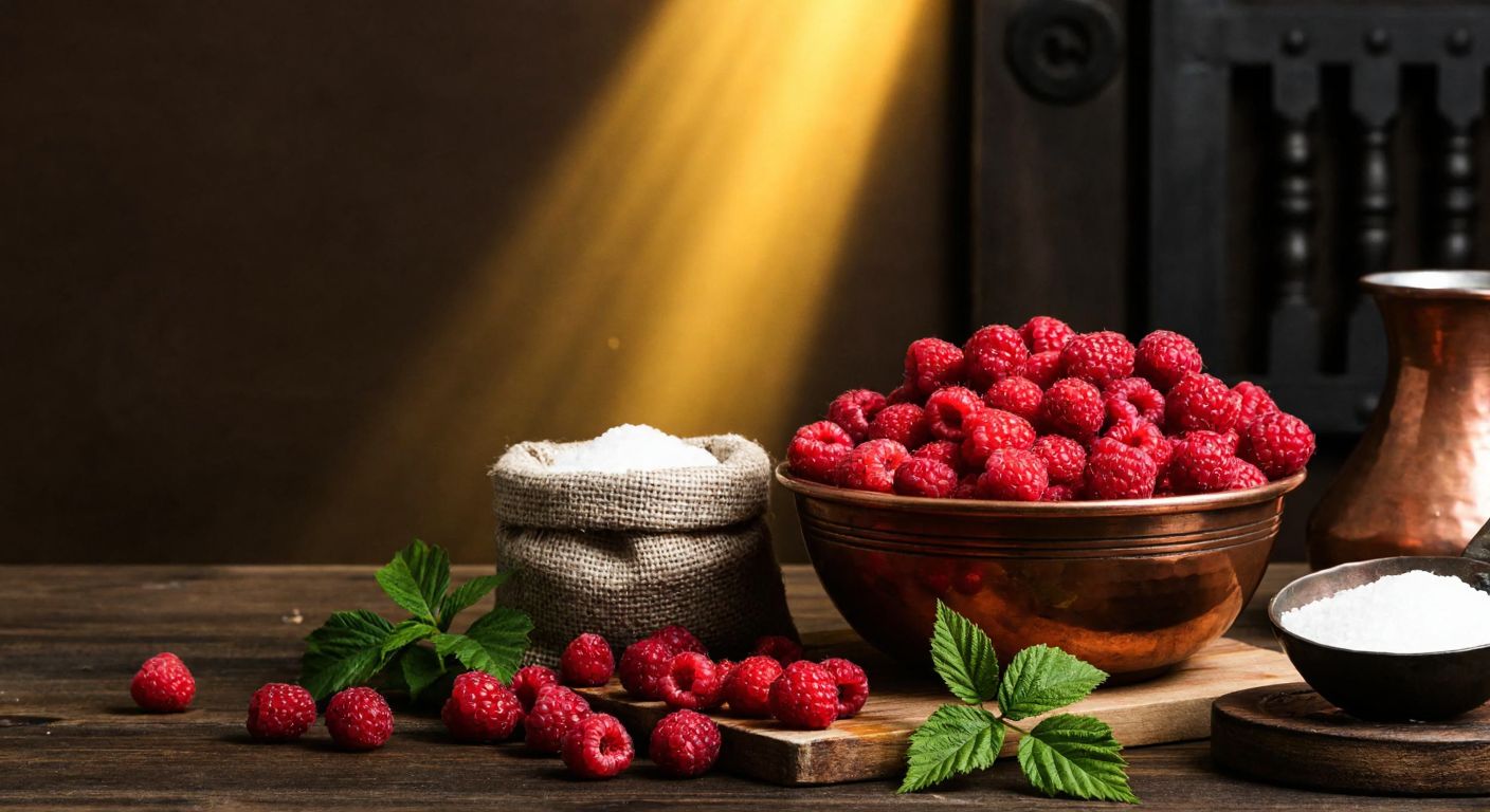 A rustic Turkish kitchen with a wooden table holding a large bowl of fresh red raspberries, a sack of sugar, and a copper pot, surrounded by scattered raspberry leaves and a warm golden light.