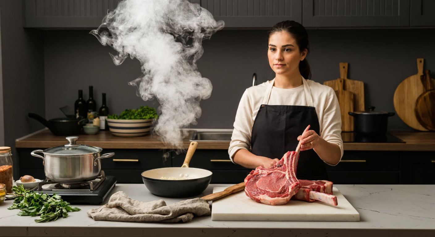 A Turkish kitchen counter with a frozen lamb chop resting on a marble slab, a steaming pot nearby, and a woman in an apron patiently waiting with a wooden spoon, her expression calm yet expectant.