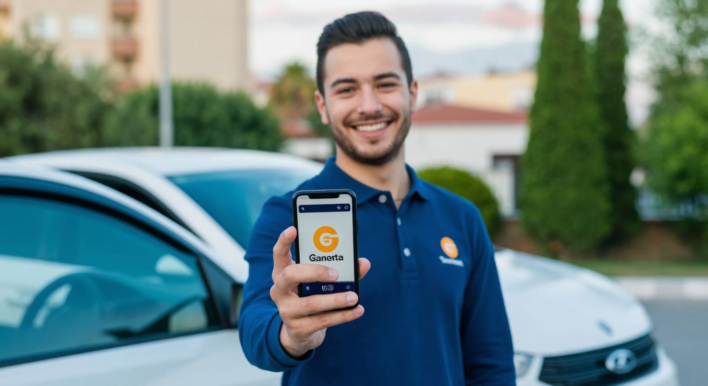 A smiling person in Turkey holds a smartphone displaying the Garenta logo while standing near a parked rental car, with a Turkcell app notification visible on the screen.