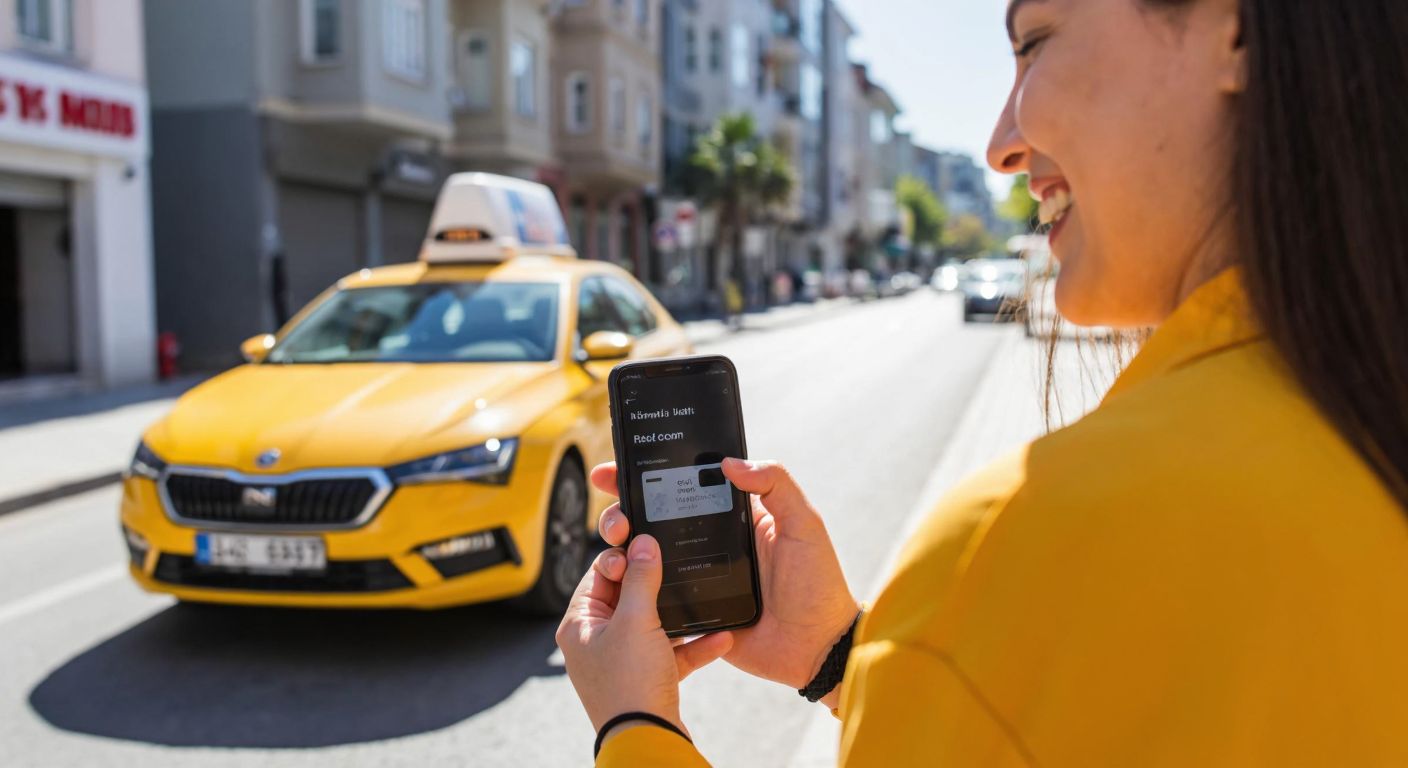 A person in Turkey smiles while holding a smartphone with the Uber app open, tapping the screen to enter a promo code, with a yellow Uber car waiting in the background on a sunny Istanbul street.