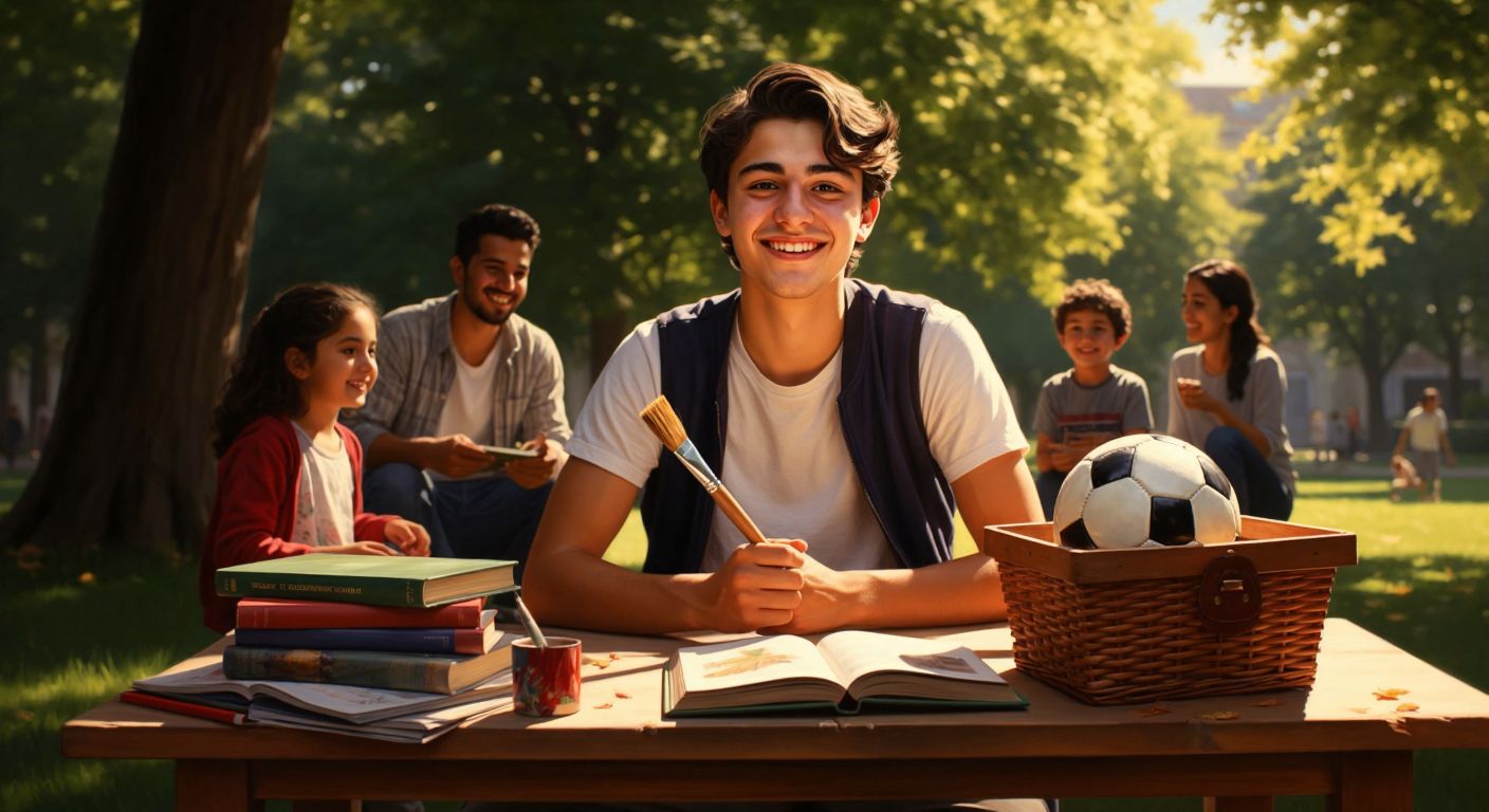 A cheerful Turkish teenager sits at a sunlit wooden desk, balancing a stack of books, a paintbrush, and a soccer ball, while smiling family members gather around a picnic basket in a nearby park.