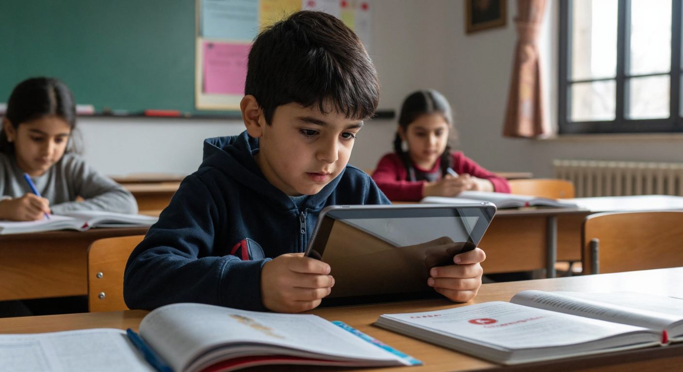 A young student in a Turkish classroom eagerly watches a video tutorial on a tablet, surrounded by open textbooks and a Çanta Yayınları workbook, with a focused expression.