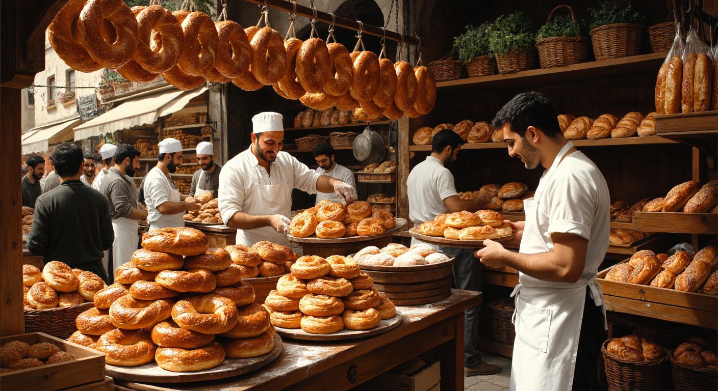 A bustling Turkish bakery with golden-brown simits stacked high, bakers in white aprons kneading dough, and customers smiling as they select fresh pastries from wooden shelves.
