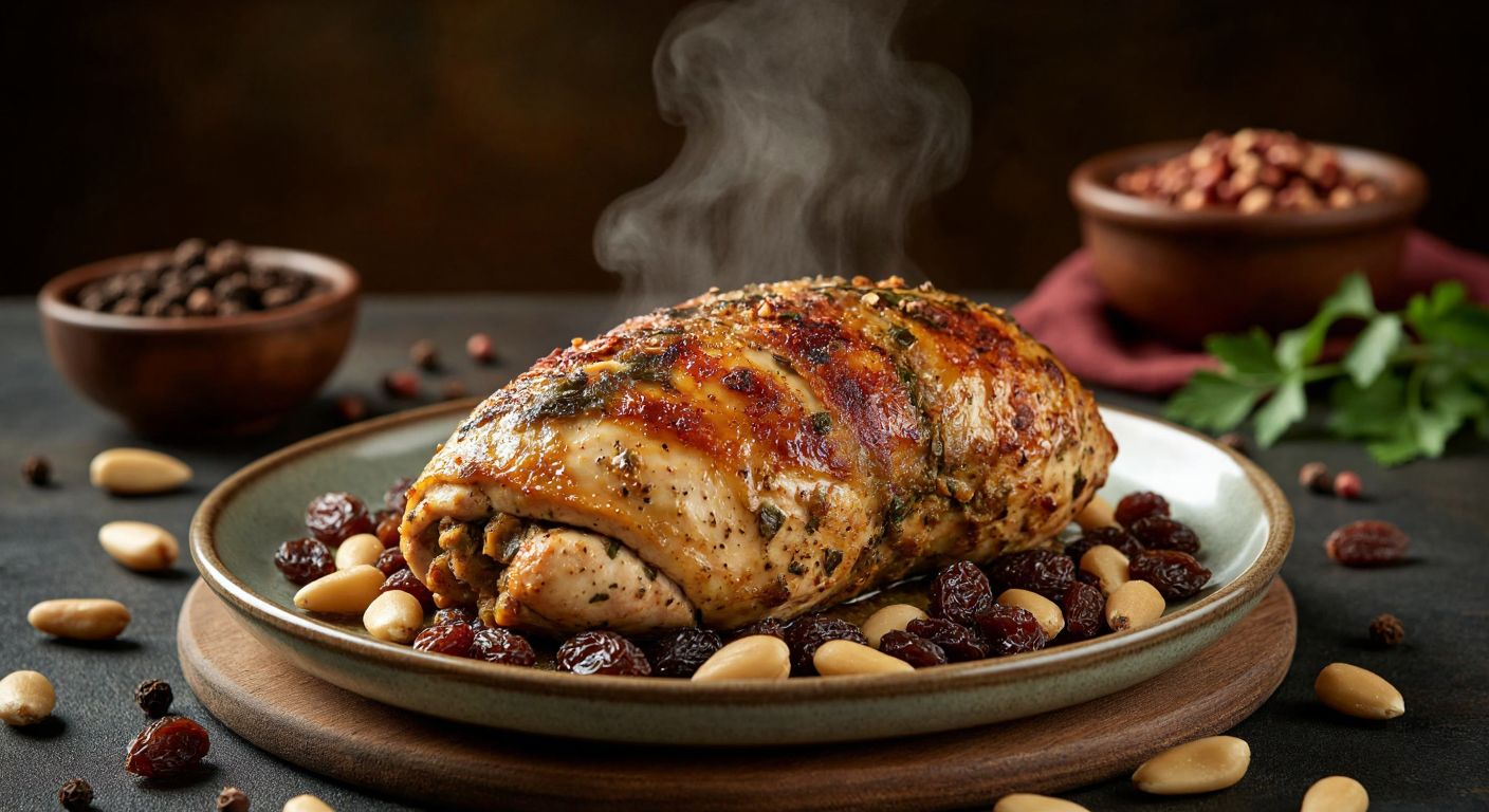 A golden-brown stuffed chicken breast (piliç topkapı) resting on a ceramic plate, surrounded by scattered pine nuts, raisins, and aromatic spices, with steam rising from the dish in a warm Turkish kitchen.