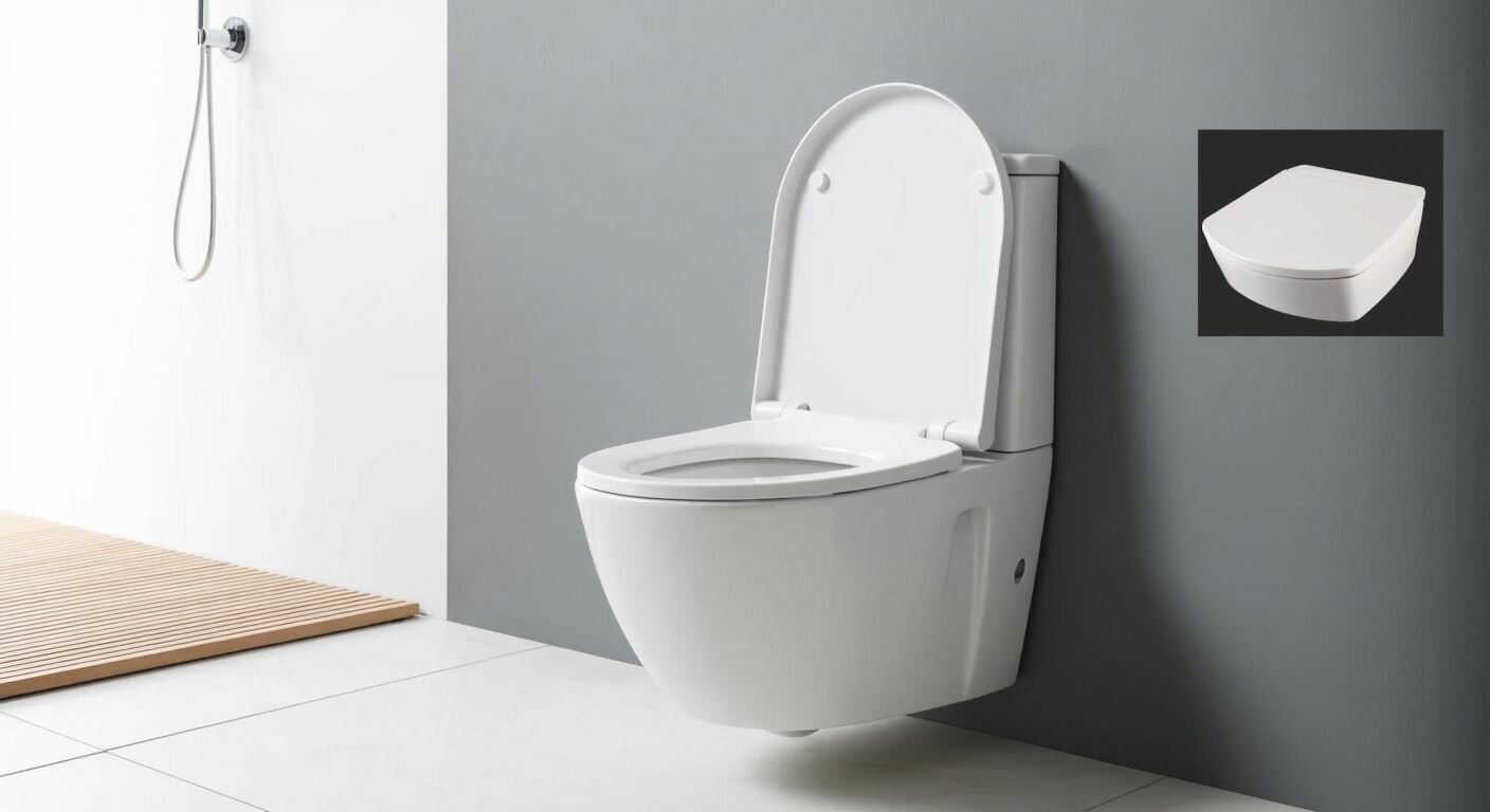 A sleek, modern wall-mounted toilet in a clean white bathroom, with three different slow-closing lids (one soft-closing, one slim thermoplastic, and one minimalist design) neatly displayed beside it on a tiled floor.