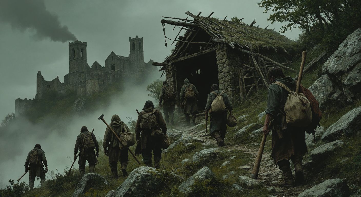 A determined group of people in rugged clothing fortify a makeshift shelter on a hilltop, clutching wooden clubs and sacks of supplies, while wary eyes scan the foggy ruins below for approaching zombie silhouettes.