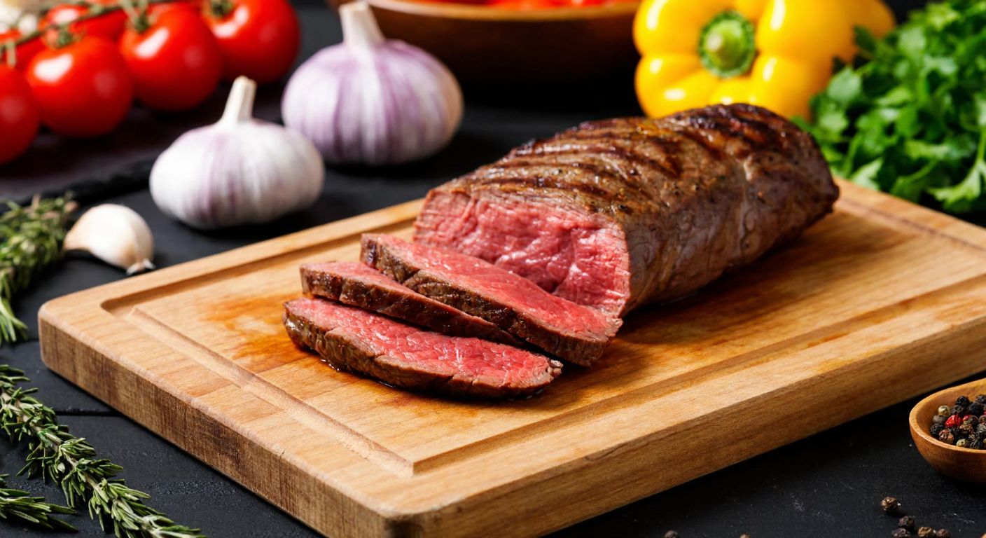 A succulent, rested beef tenderloin slice on a rustic wooden cutting board in a Turkish kitchen, surrounded by fresh herbs and colorful vegetables, evoking a sense of wholesome nutrition and balanced eating.