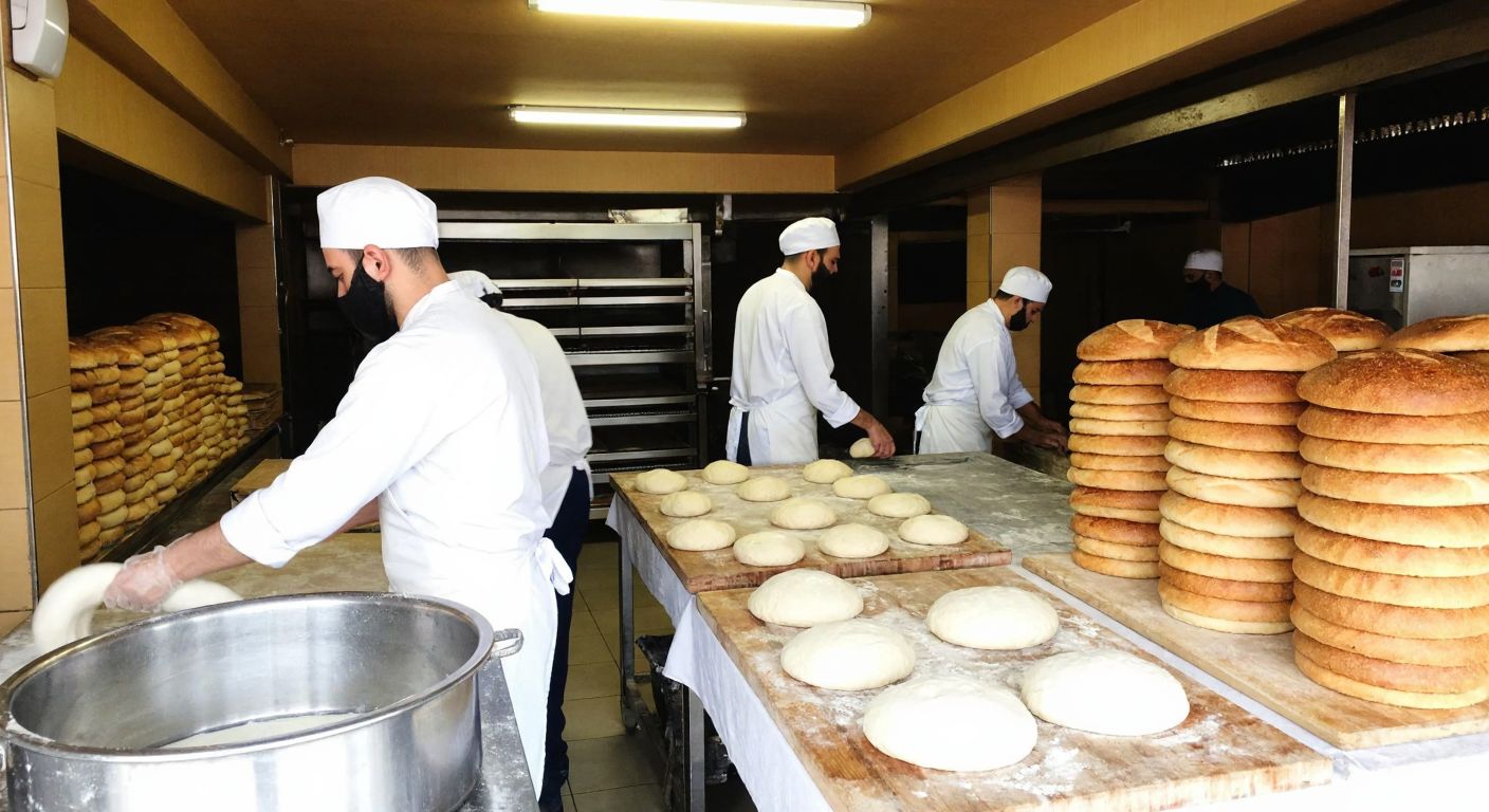A bustling bakery in Sultangazi Cebeci, Istanbul, with workers in white uniforms kneading dough and golden loaves of bread steaming fresh from the oven, surrounded by stacks of warm bread ready for distribution.