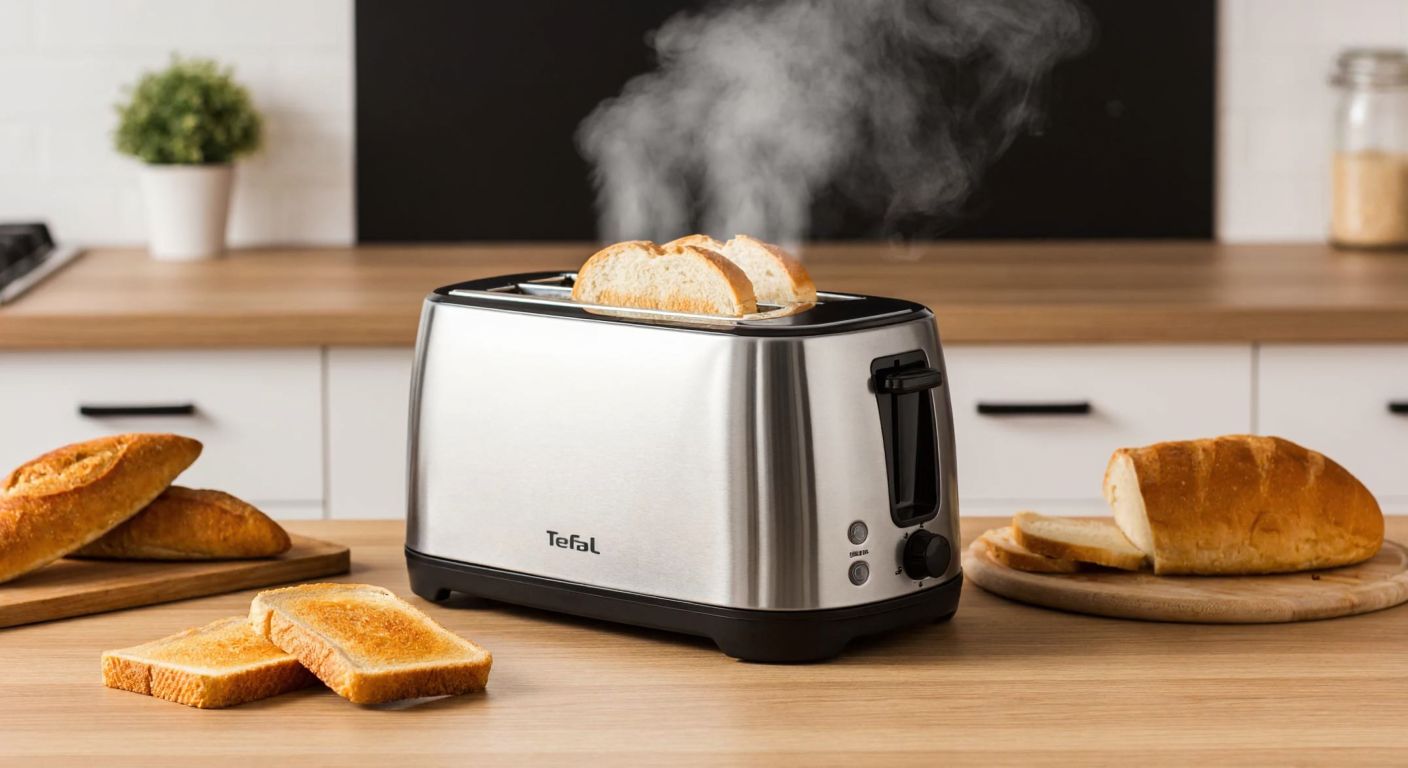 A sleek silver Tefal bread slicer toaster sits on a wooden kitchen counter, surrounded by fresh golden-brown toast slices and a rustic loaf of bread, with warm steam rising in a cozy Turkish home.