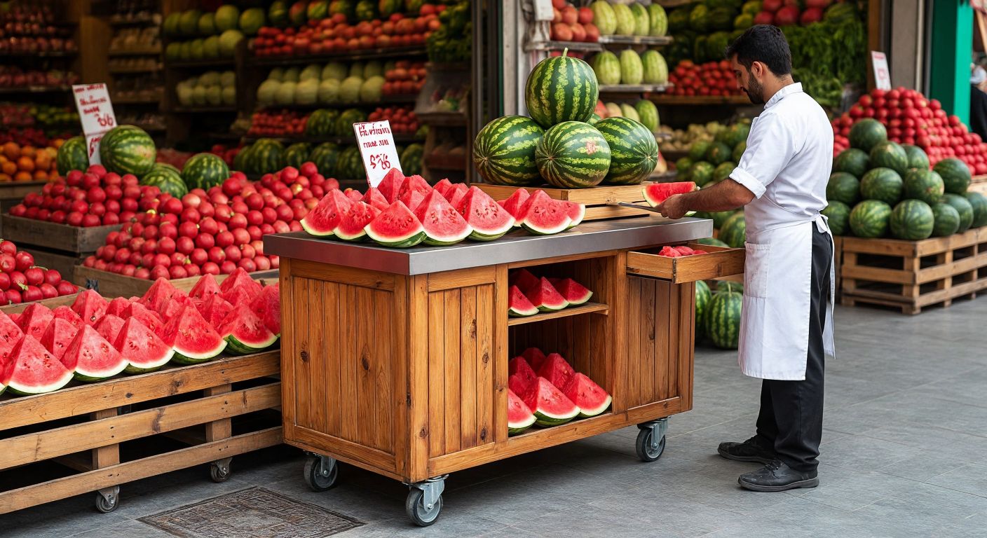 A sturdy wooden watermelon stand with stainless steel countertops, mounted on wheels, features side panels, a front drawer for tools, and a back stretch-wrap holder, placed in a bustling Turkish market with vibrant red watermelons neatly stacked and a vendor in a white apron slicing one open.