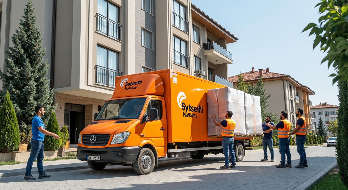 A sturdy moving truck with the **Sistemli Nakliyat** logo parked outside a Turkish apartment building, while workers in branded uniforms carefully load wrapped furniture under the approving gaze of a relieved family.