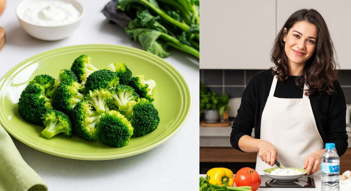 A vibrant green plate of steamed broccoli sits beside a small bowl of yogurt, with a Turkish woman in a kitchen smiling as she prepares a balanced meal, surrounded by fresh vegetables and a water bottle.