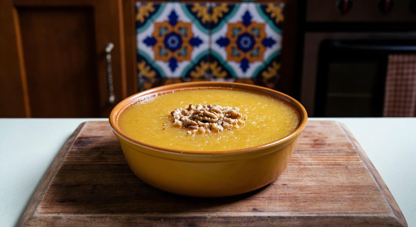 A golden-brown bowl of *pelte tatlısı* with a glossy surface, garnished with crushed walnuts, placed on a rustic wooden table in a cozy Turkish kitchen with traditional ceramic tiles in the background.