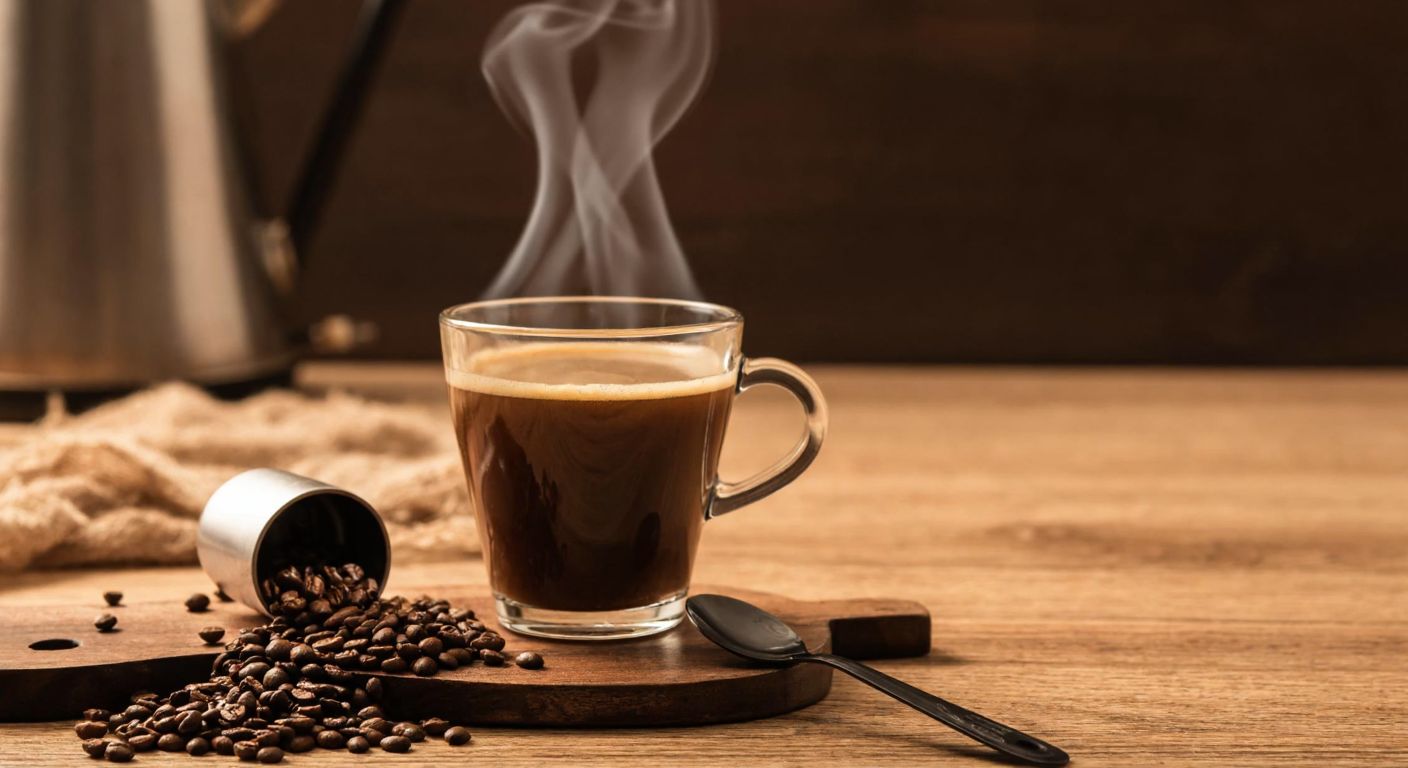 A steaming cup of Nescafe Gold Espresso sits on a wooden table, with a small spoon resting beside it, surrounded by scattered coffee granules and a kettle releasing warm vapor in a cozy Turkish kitchen.
