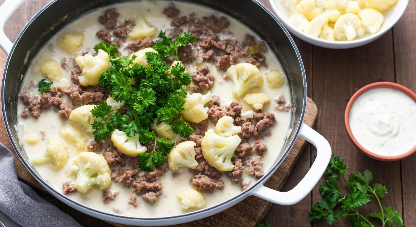 A steaming pot of minced meat and cauliflower in a creamy white sauce, garnished with fresh parsley, set on a rustic wooden table with a bowl of yogurt nearby.