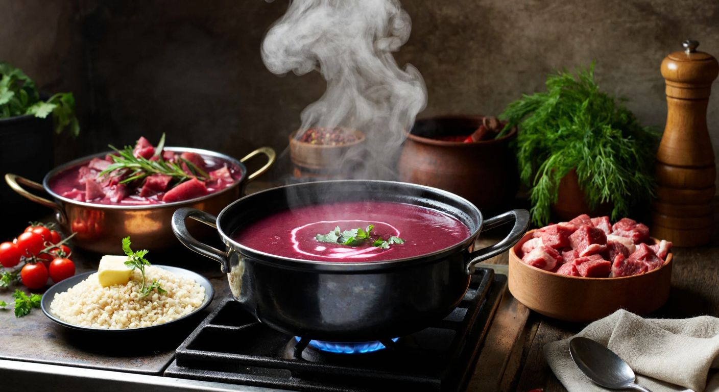 A warm, rustic Turkish kitchen with a bubbling pot of purple-red şalgam çorbası on a stove, surrounded by fresh ingredients like diced meat, bulgur, butter, and a sprig of dill, while steam rises invitingly from the soup.