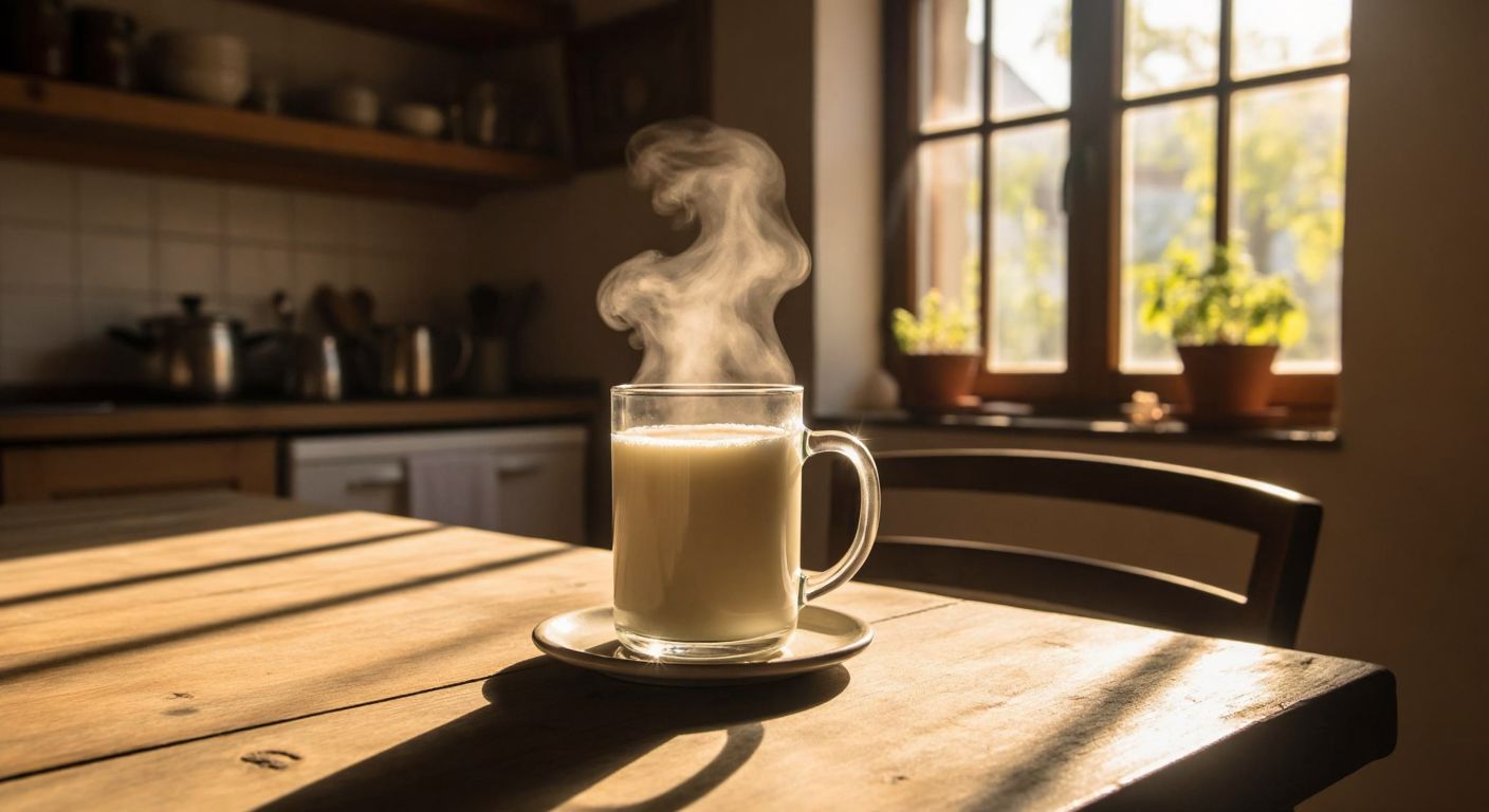 A warm glass of milk with steam rising, placed on a rustic wooden table in a cozy Turkish kitchen with sunlight streaming through the window.