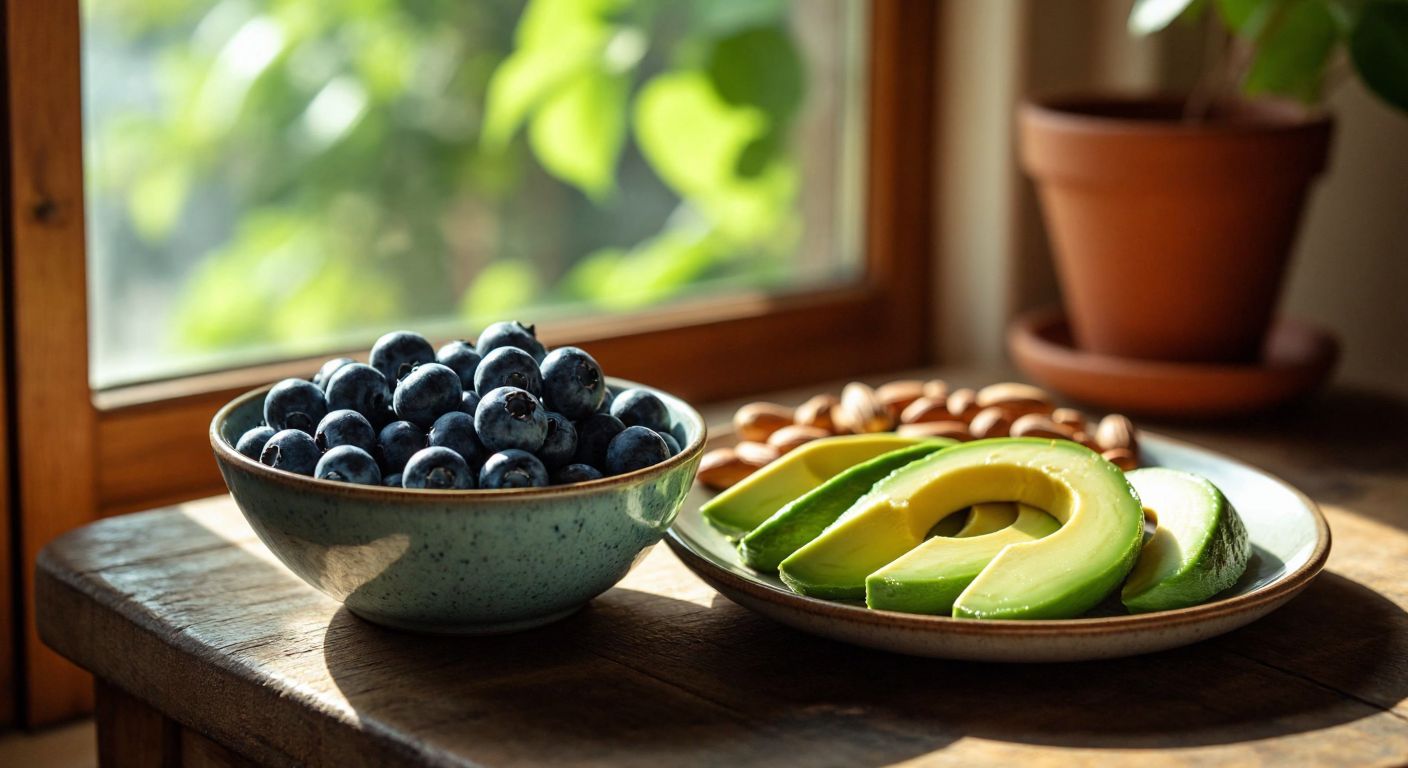 A small bowl of fresh blueberries placed on a rustic wooden table next to a plate of sliced avocado and a handful of nuts, with warm sunlight streaming through a window in a cozy Turkish kitchen.