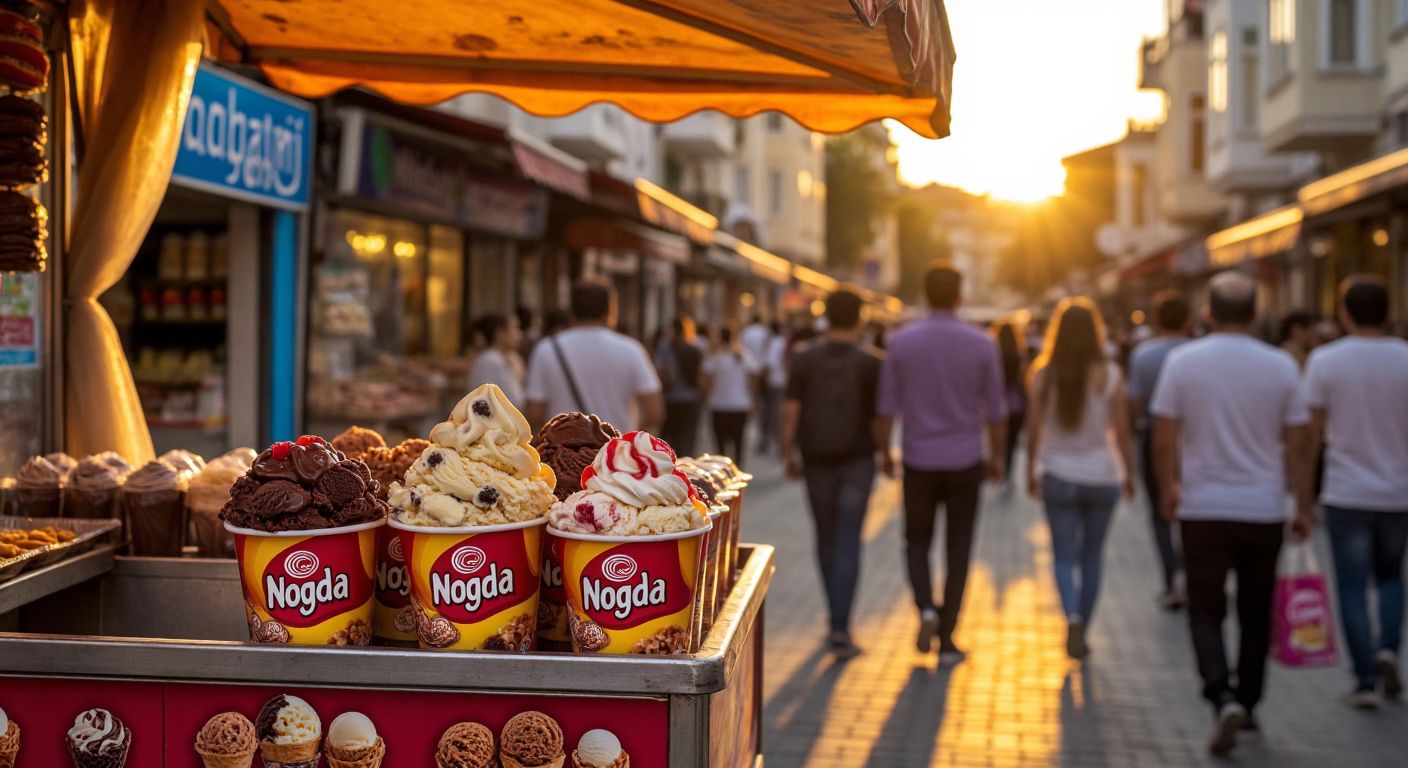 A vibrant Turkish street vendor's cart displays two distinct ice cream treats—one labeled Algida in colorful packaging and another as Nogger with a European-style wrapper—against a backdrop of bustling shoppers and a warm sunset.