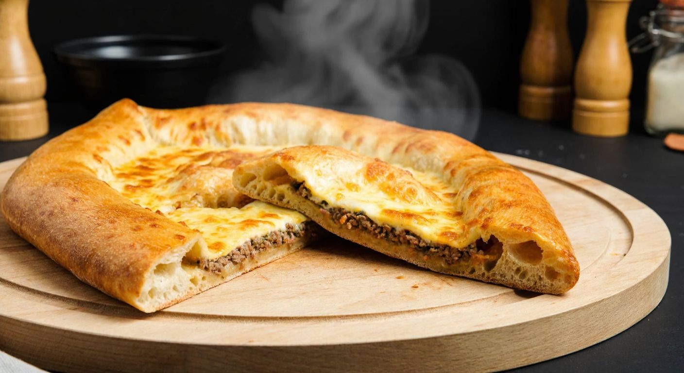 A golden-brown, freshly baked *yağlı pide* sits on a wooden cutting board, steam rising from its crispy surface, with a slice revealing a warm, cheesy or minced meat filling, surrounded by a rustic Turkish kitchen setting.