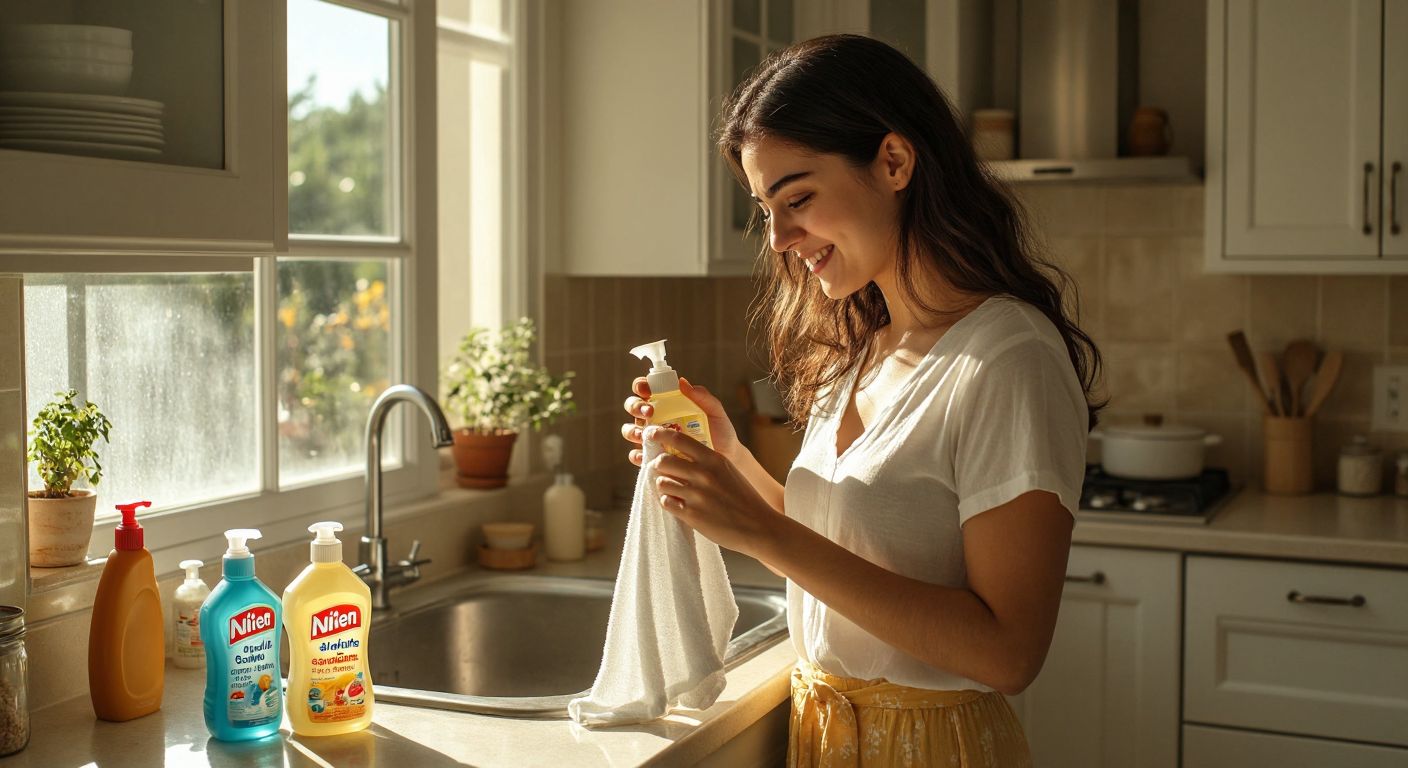 A Turkish woman in a bright, sunlit kitchen holds two Nilem cleaning products—one with a satisfied smile as she inspects a sparkling white shirt, while the other bottle sits unused near a still-dirty bathroom sink, her expression turning slightly disappointed.