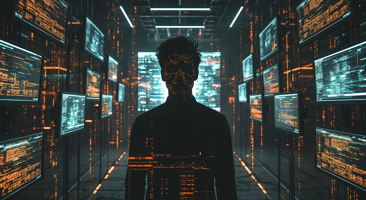A shadowy figure with a digitally distorted face stands in a dimly lit room, surrounded by floating screens displaying abstract data streams, evoking mystery and digital intrigue.