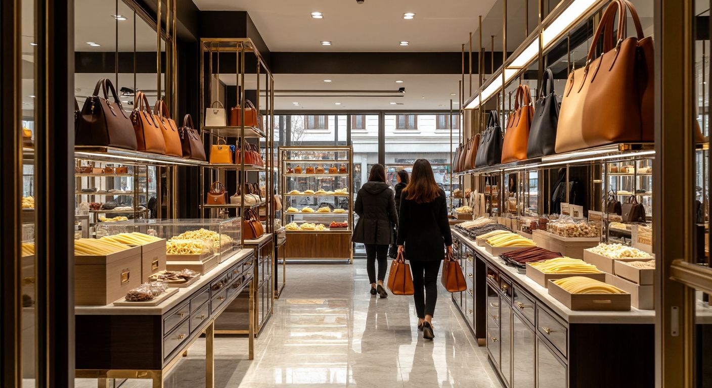 A bustling Istanbul boutique with elegant leather handbags displayed alongside a modern Chinese factory producing shiny pasta-making machines.