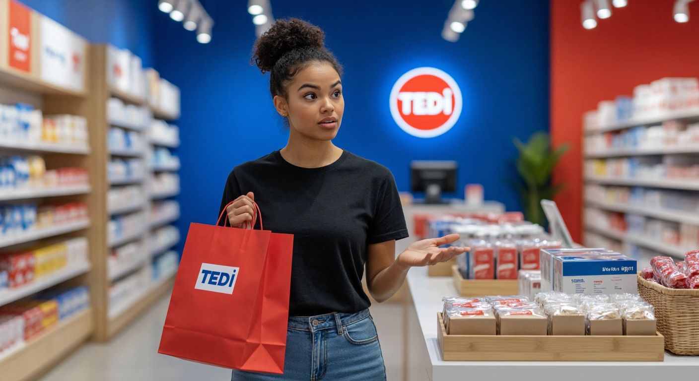 A customer holding a shopping bag with a Tedi store logo in the background, looking slightly confused while a store employee gestures reassuringly toward a neatly packaged product on the counter.
